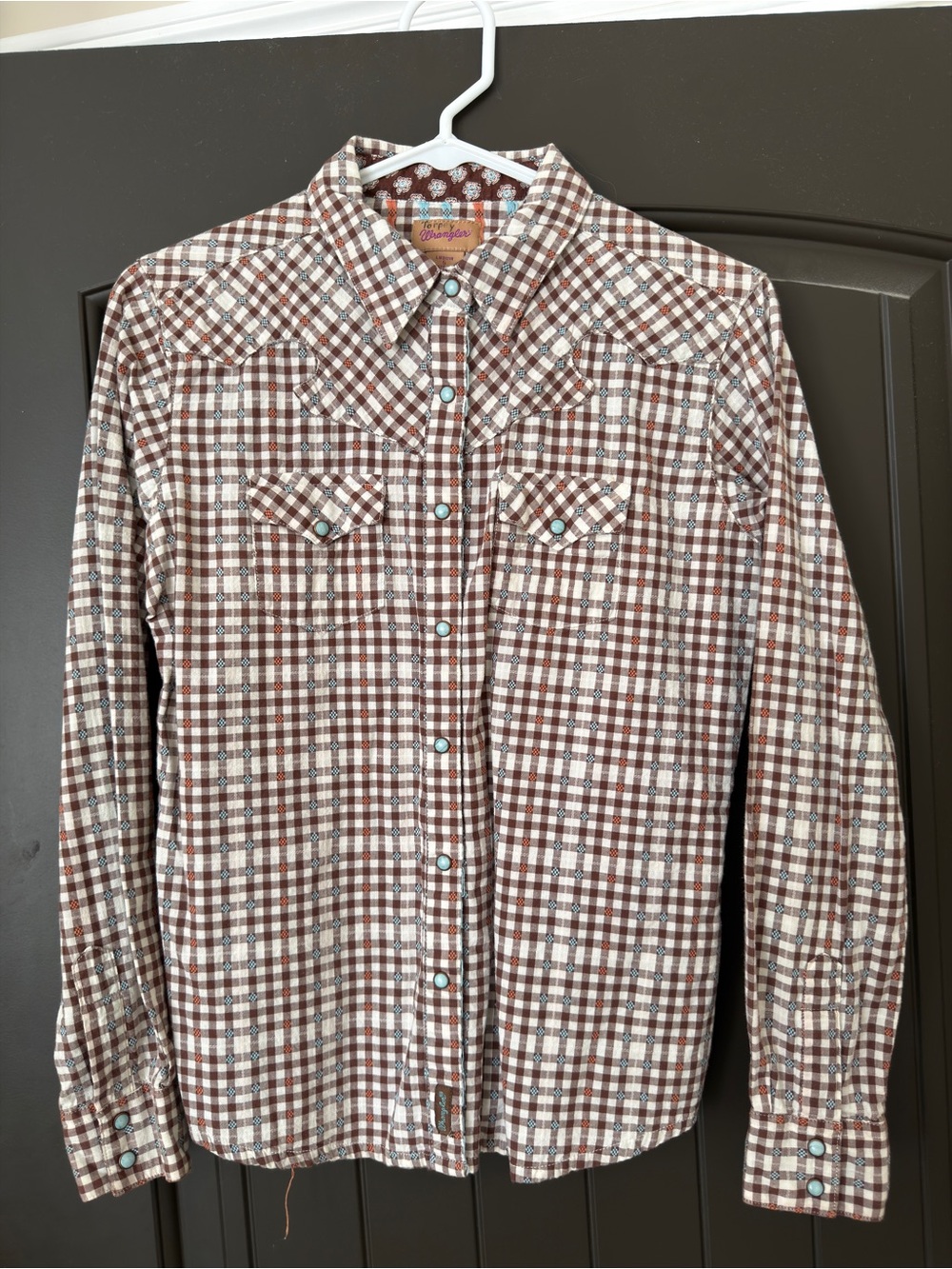 Wrangler Brown and Teal Plaid Snap Button-Down Shirt with Western Yoke